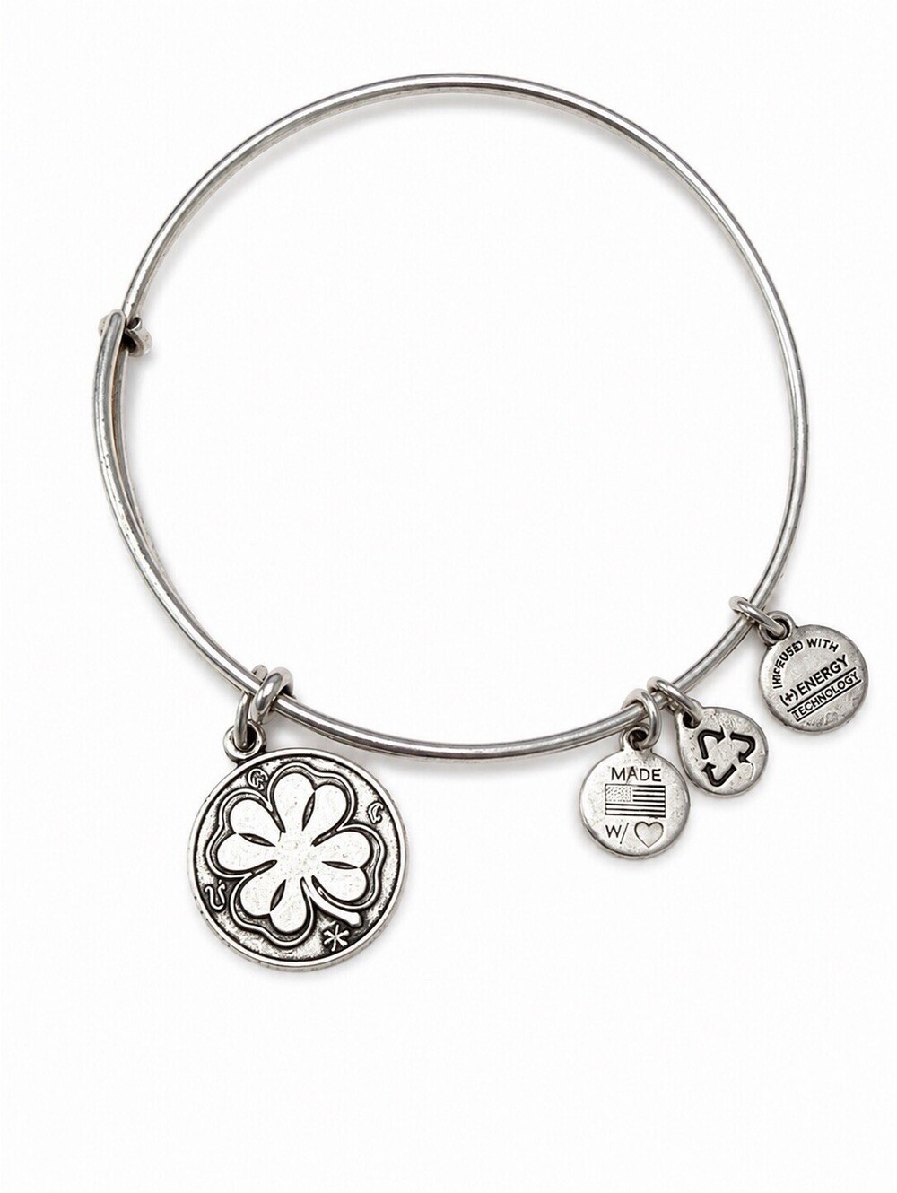 Alex and Ani Four Leaf Clover Charm Expandable Bangle Bracelet Silver Tone Lucky